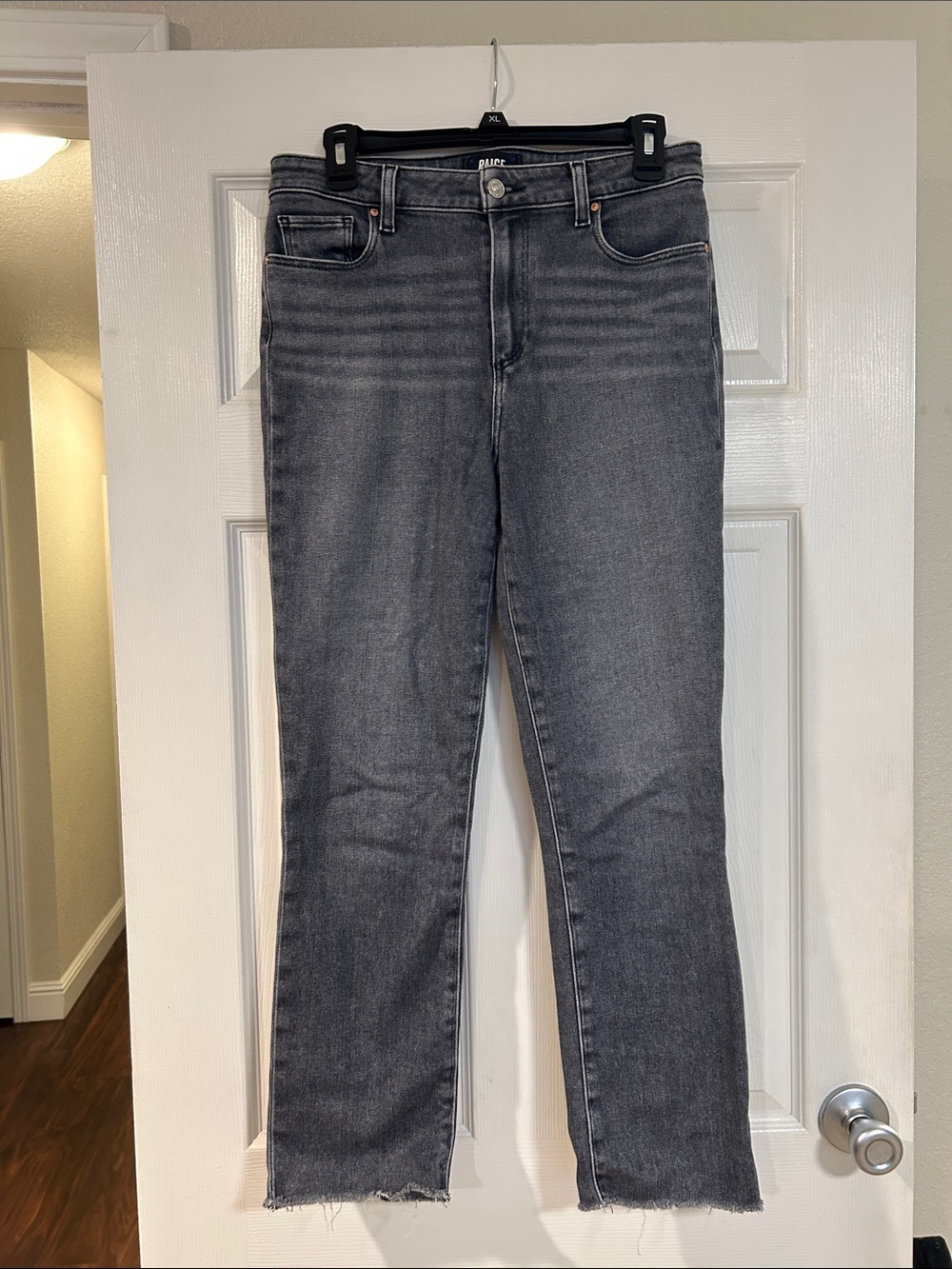 PAIGE Gray Straight Leg Jeans with Raw Hem